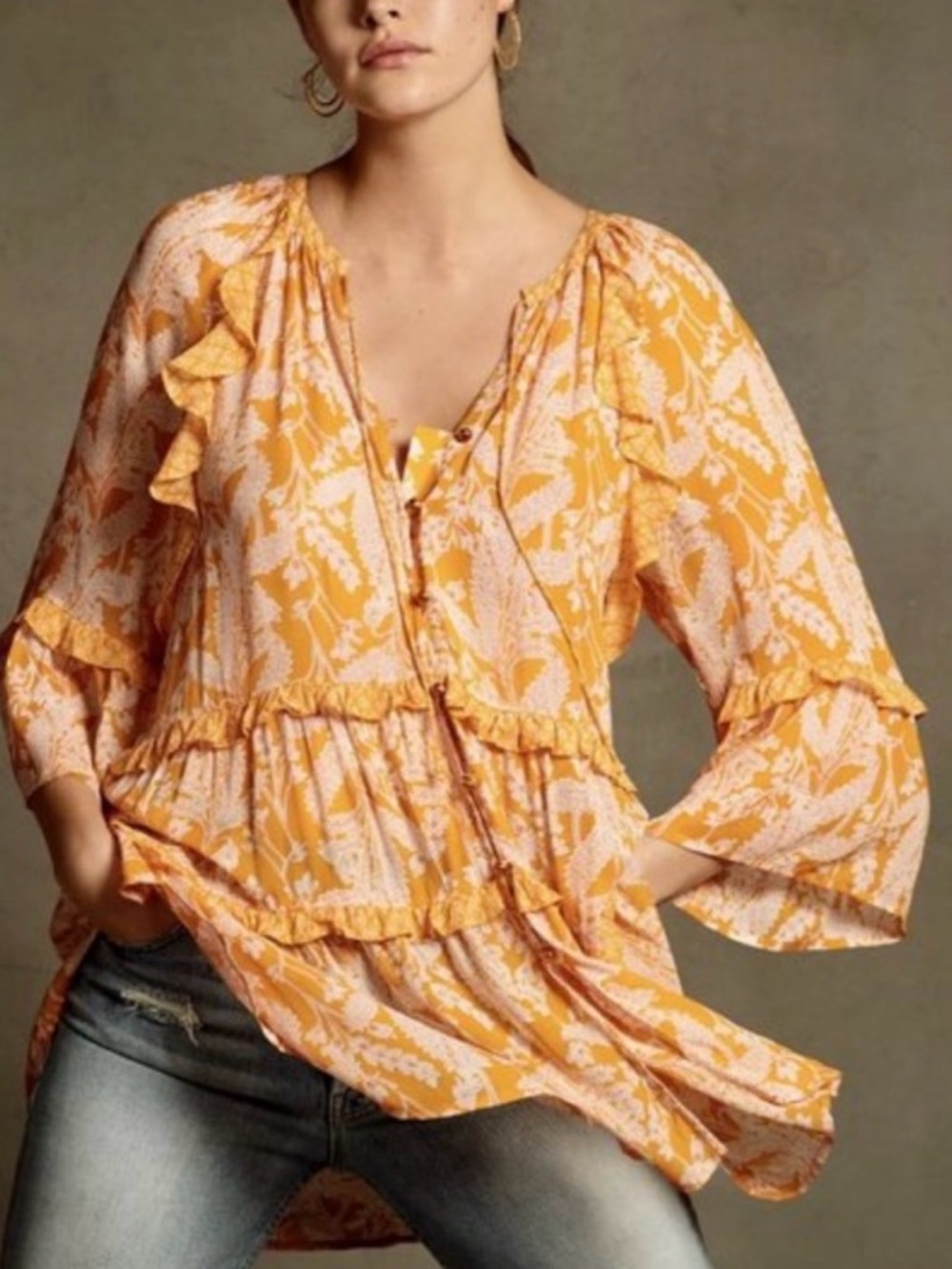 Anthropology Women’s Anthropologie Mia Tiered Tunic Small S Orange Flowers